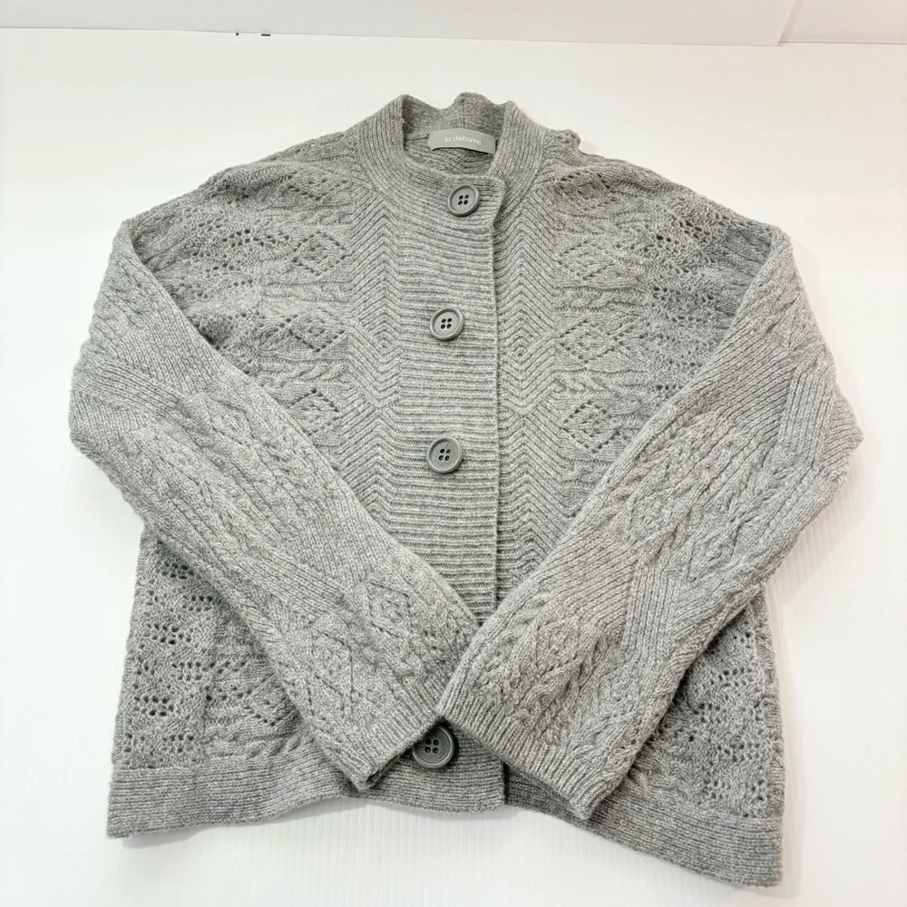 Liz Claiborne 100% Lambswool Gray Button-Up Cardigan SzS Classic Luxury
